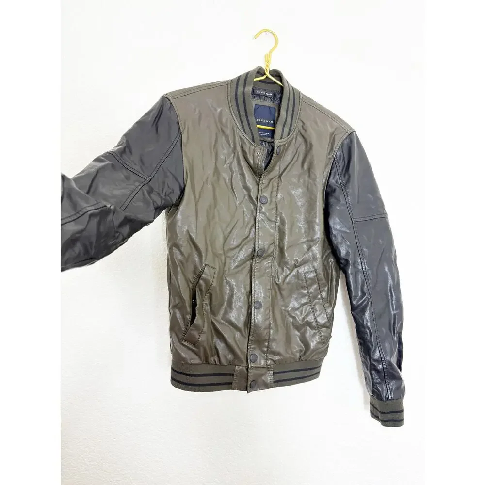 Zara Mens Vegan Leather Bomber Jacket Size Small Black Olive Green Quiet Luxury